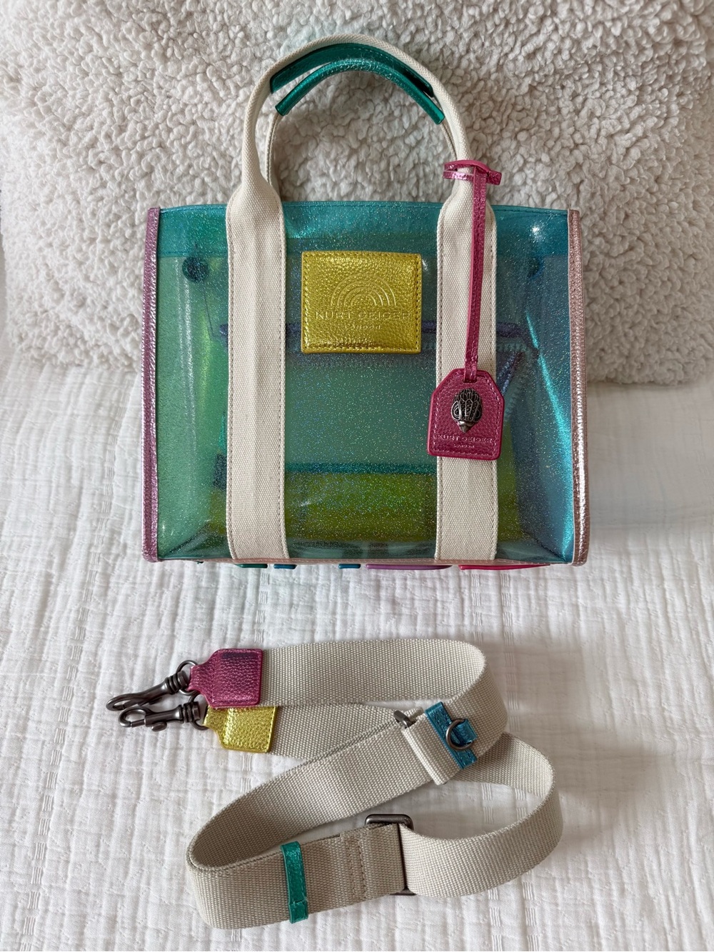 Kurt Geiger iridescent blue-green tote with pink and gold accents